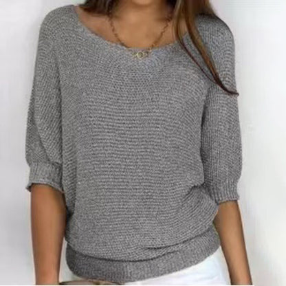 Three-quarter Sleeve Pullover Sweater Fashion Solid Color Loose Round Neck Knitted Top For Women Clothing