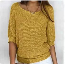 Three-quarter Sleeve Pullover Sweater Fashion Solid Color Loose Round Neck Knitted Top For Women Clothing