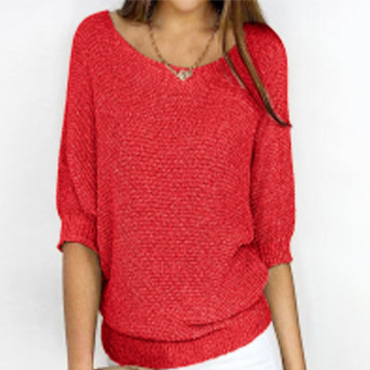 Three-quarter Sleeve Pullover Sweater Fashion Solid Color Loose Round Neck Knitted Top For Women Clothing