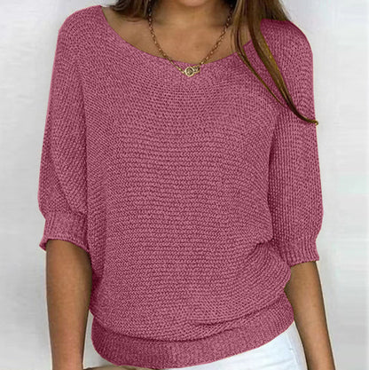 Three-quarter Sleeve Pullover Sweater Fashion Solid Color Loose Round Neck Knitted Top For Women Clothing