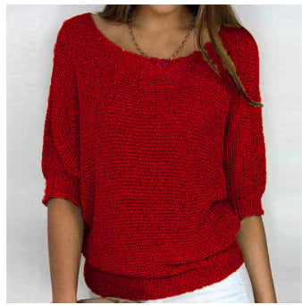 Three-quarter Sleeve Pullover Sweater Fashion Solid Color Loose Round Neck Knitted Top For Women Clothing