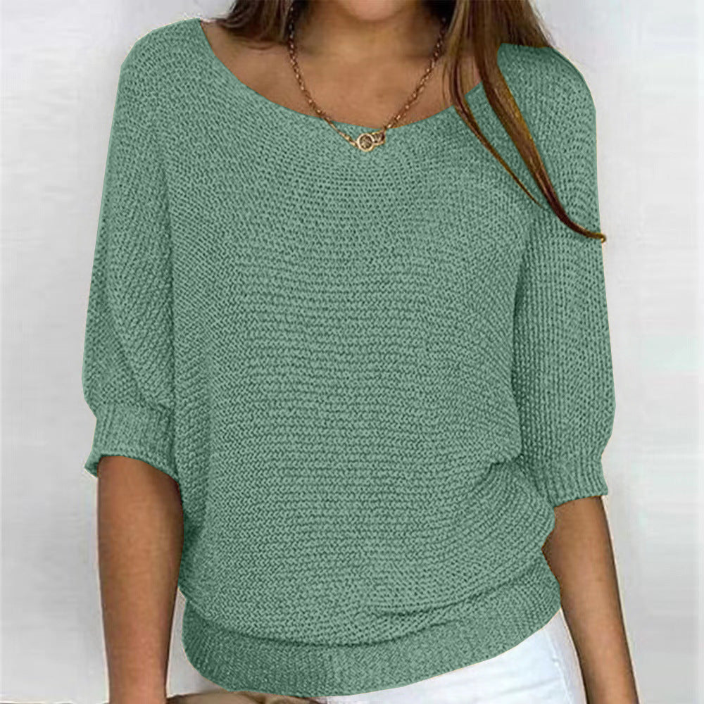 Three-quarter Sleeve Pullover Sweater Fashion Solid Color Loose Round Neck Knitted Top For Women Clothing