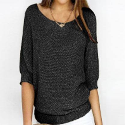 Three-quarter Sleeve Pullover Sweater Fashion Solid Color Loose Round Neck Knitted Top For Women Clothing